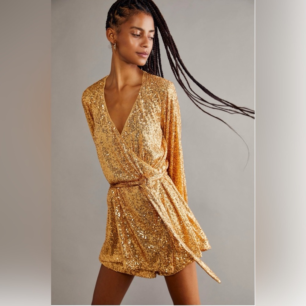 Free People Christa Sequin Romper - Gold